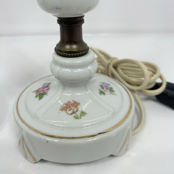 Porcelain Floral Lamps Table Cottagecore Boudoir 12" White Gold Trim Pair 50s? - Picture 4 of 16